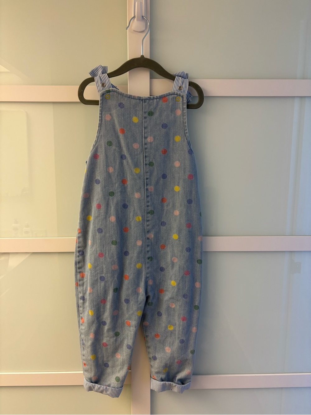 Mini Boden Light Blue Denim Polka Dot Tie-Shoulder Overalls - Picture 2 of 3
